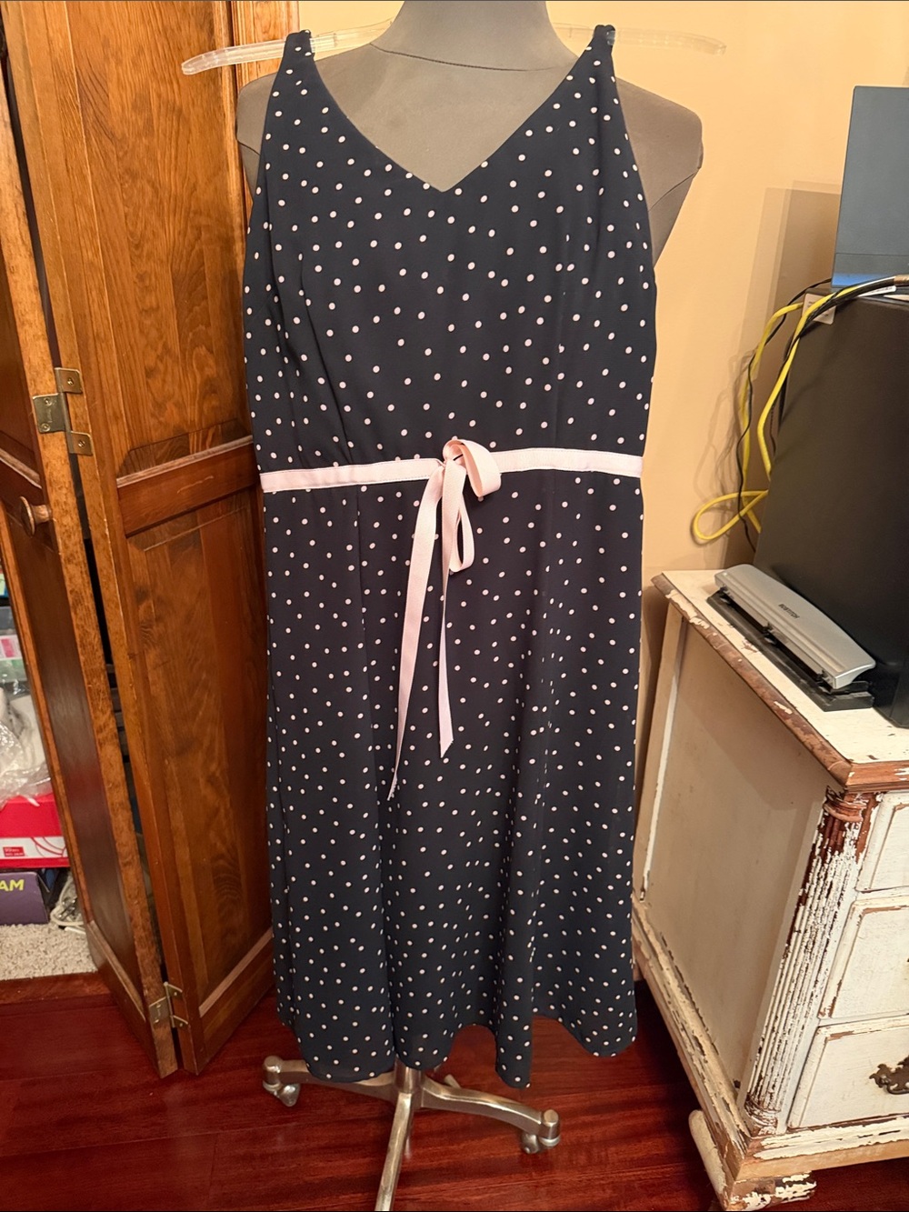 Navy Polka Dot Midi Dress with Pink Waist Tie